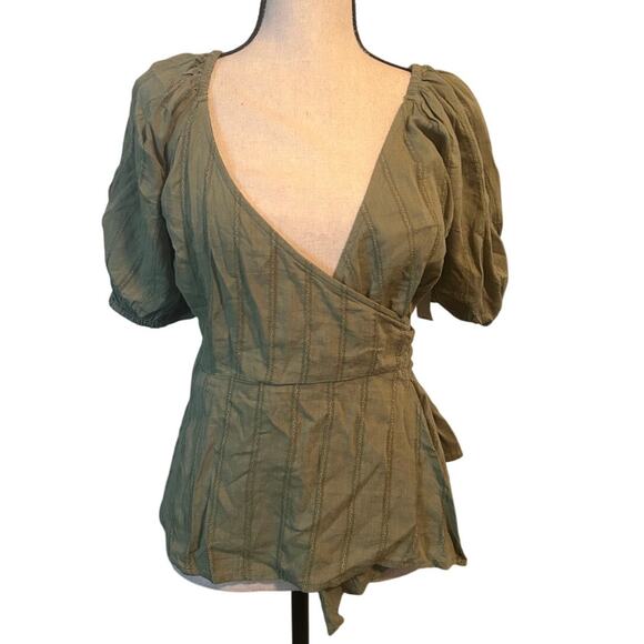 NWT Old Navy Olive Green Wrap Around Blouse Shirt Top Back Smocking Ties Sz XS - Picture 1 of 4